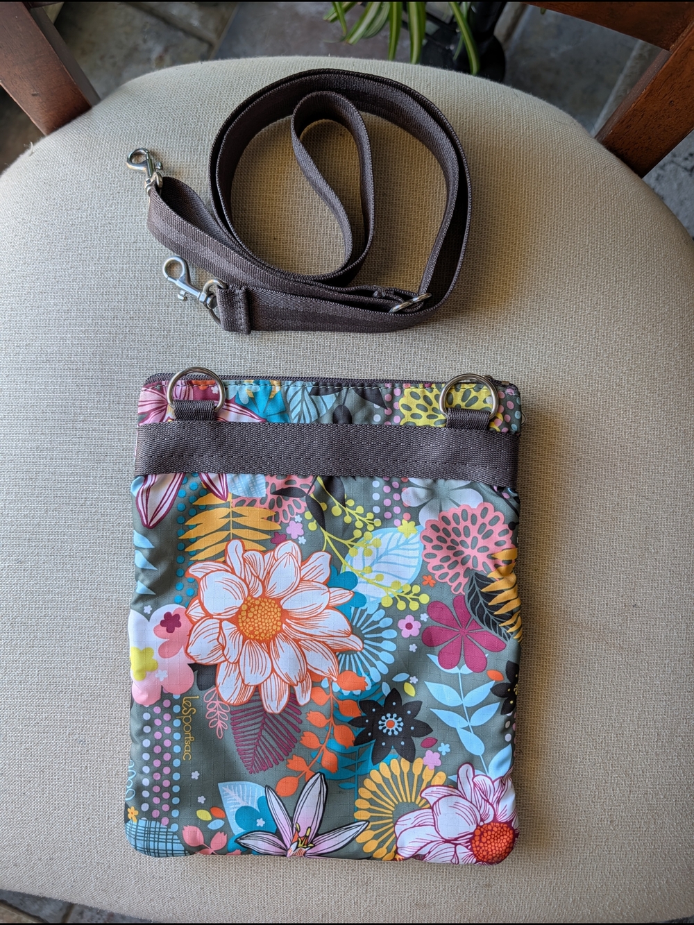 Lesportsac Taupe Floral Triple-Zip Crossbody with Brown Strap - Picture 2 of 2